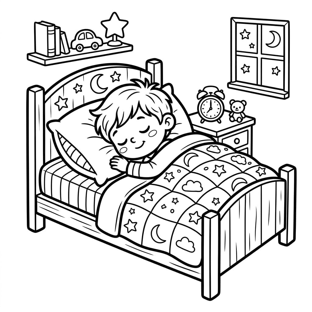 Bambino che dorme nel letto da colorare