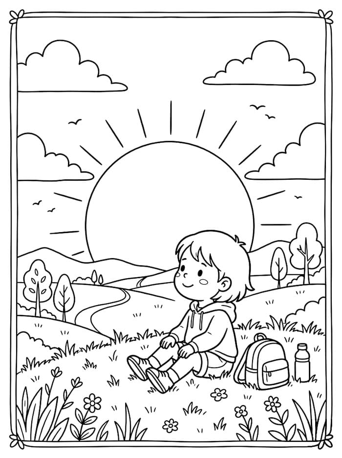 Bambino che guarda al tramonto da colorare