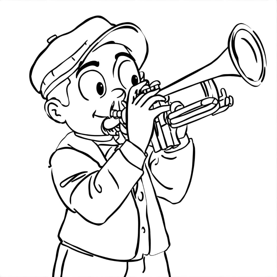 Bambino che suona la tromba da colorare