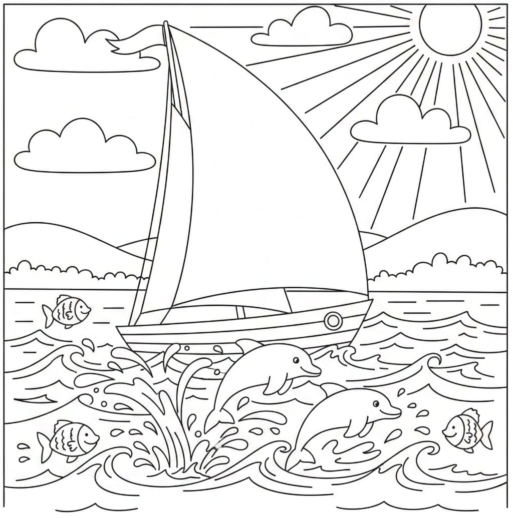 Barca a vela con delfini da colorare