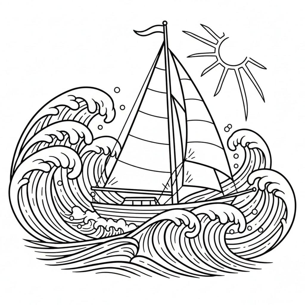 Barca a vela con onde grandi da colorare