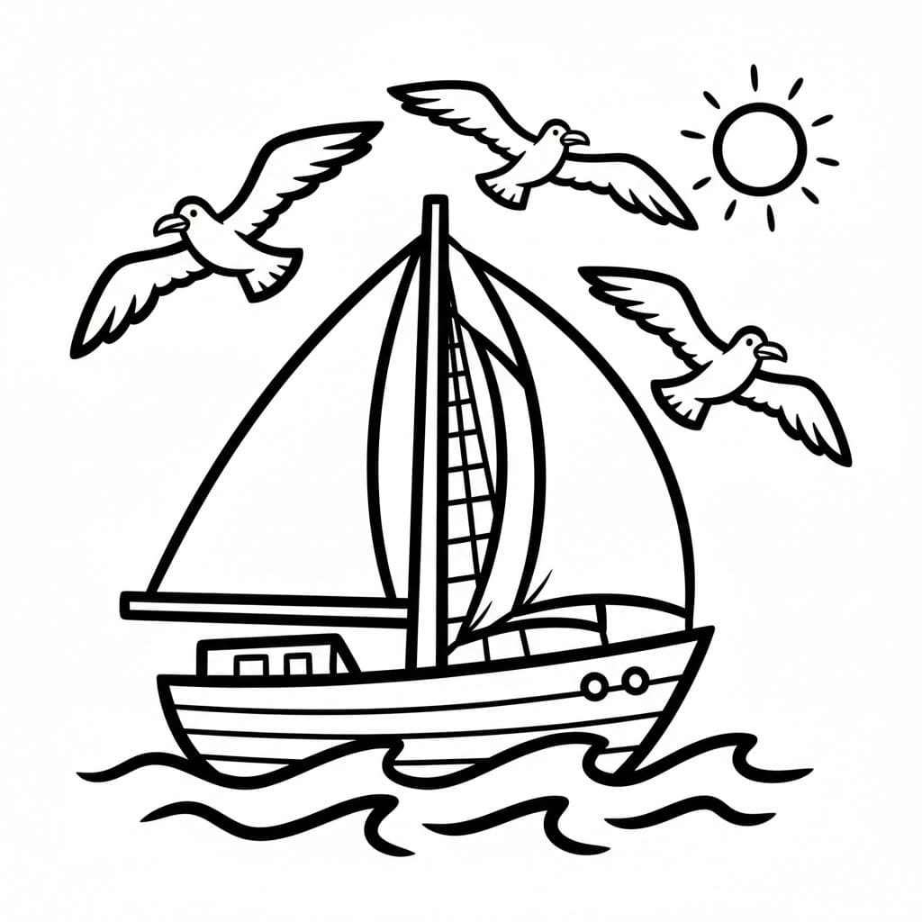 Barca a vela e gabbiani da colorare