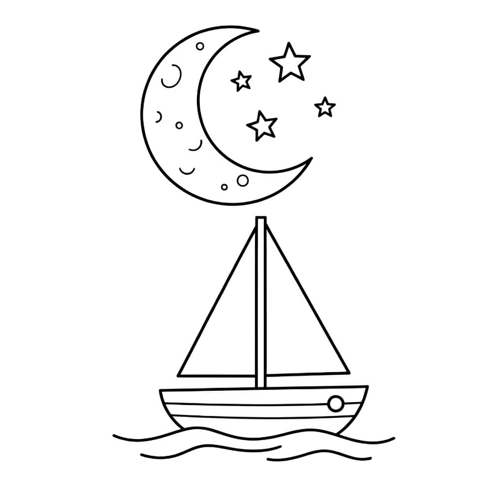 Barca a vela e luna da colorare