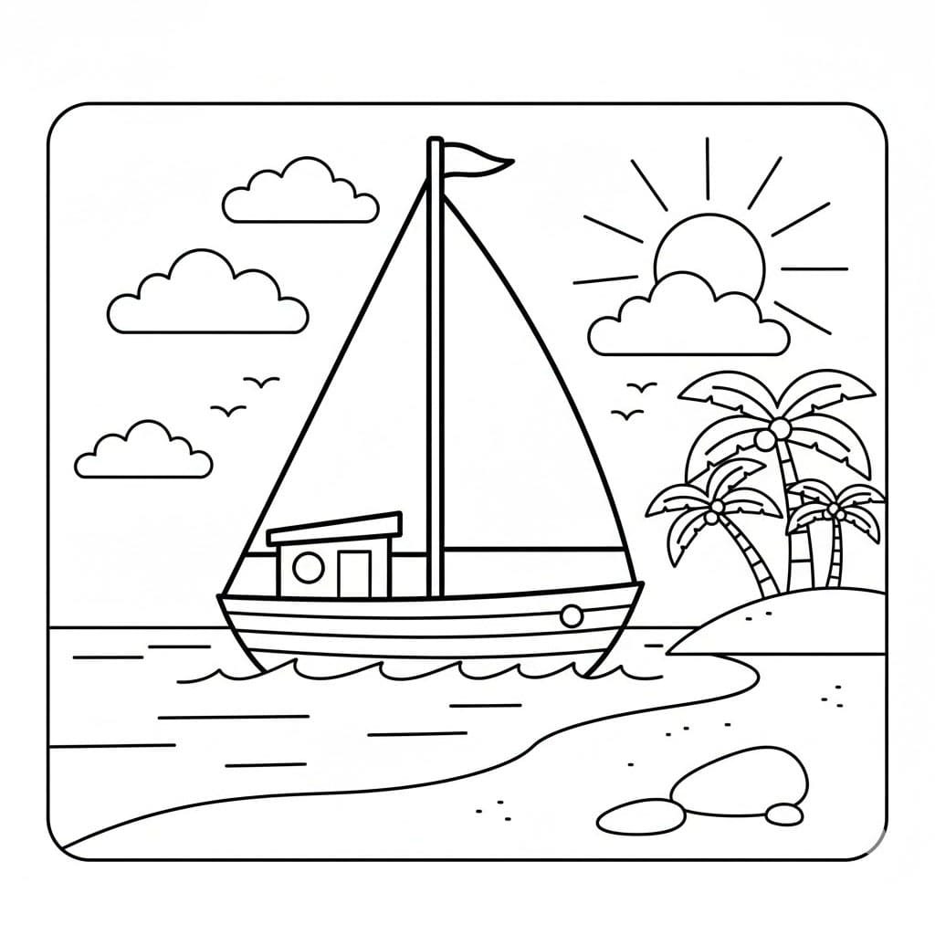 Barca a vela semplice sulla spiaggia da colorare