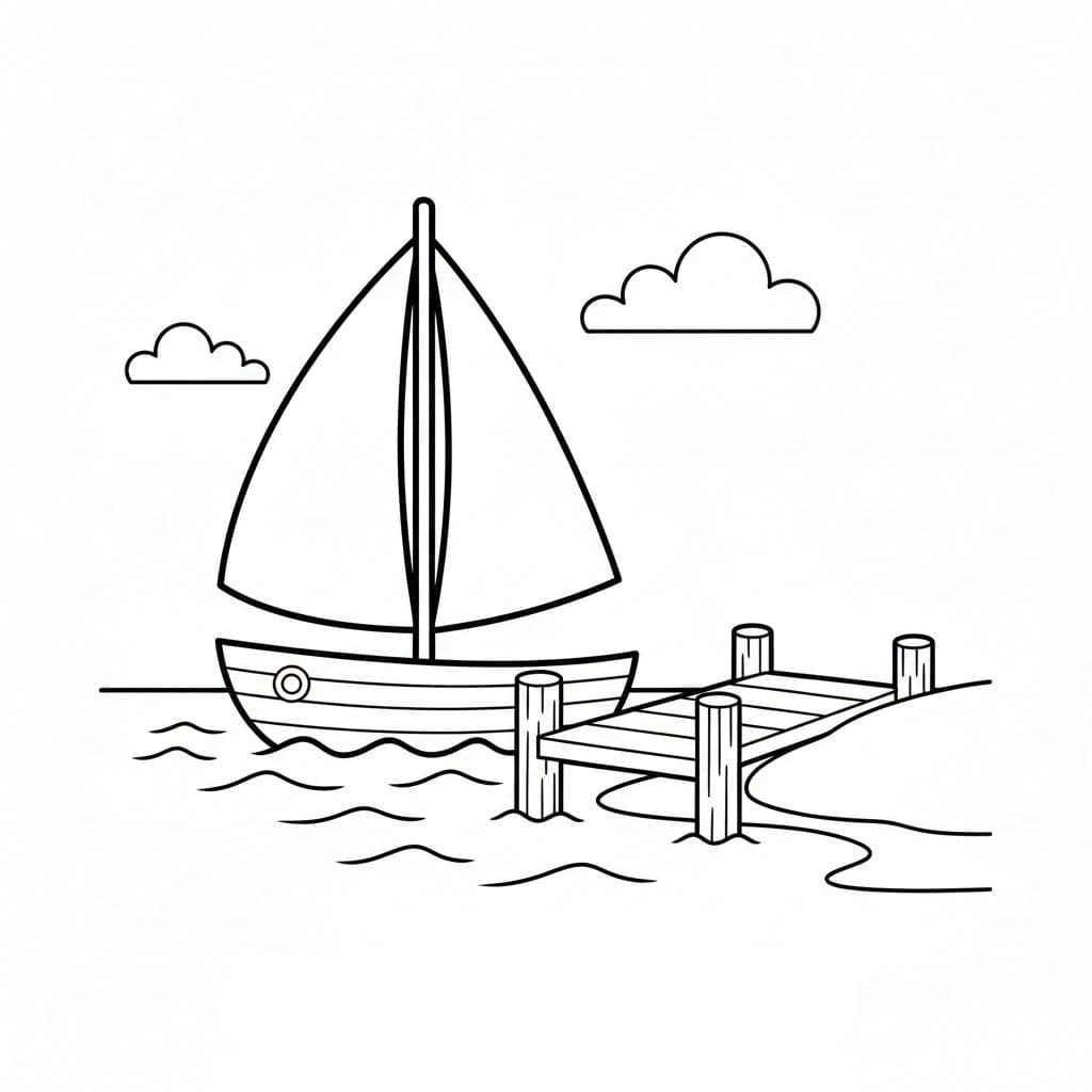Barca a vela semplice vicino a un legno Ponte da colorare