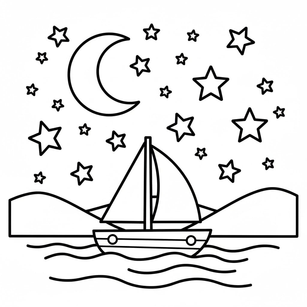 Barca a vela sotto le stelle da colorare