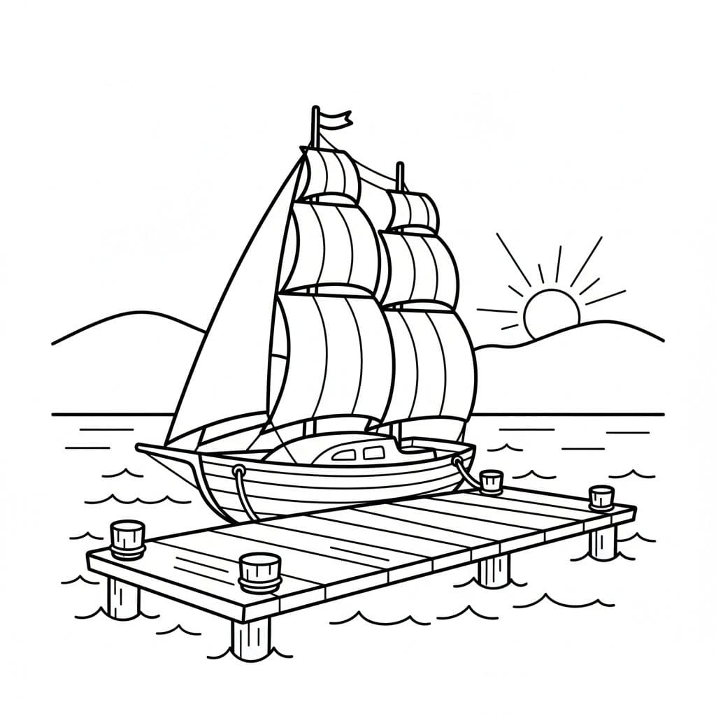 Barca a vela vicino a un ponte di legno da colorare