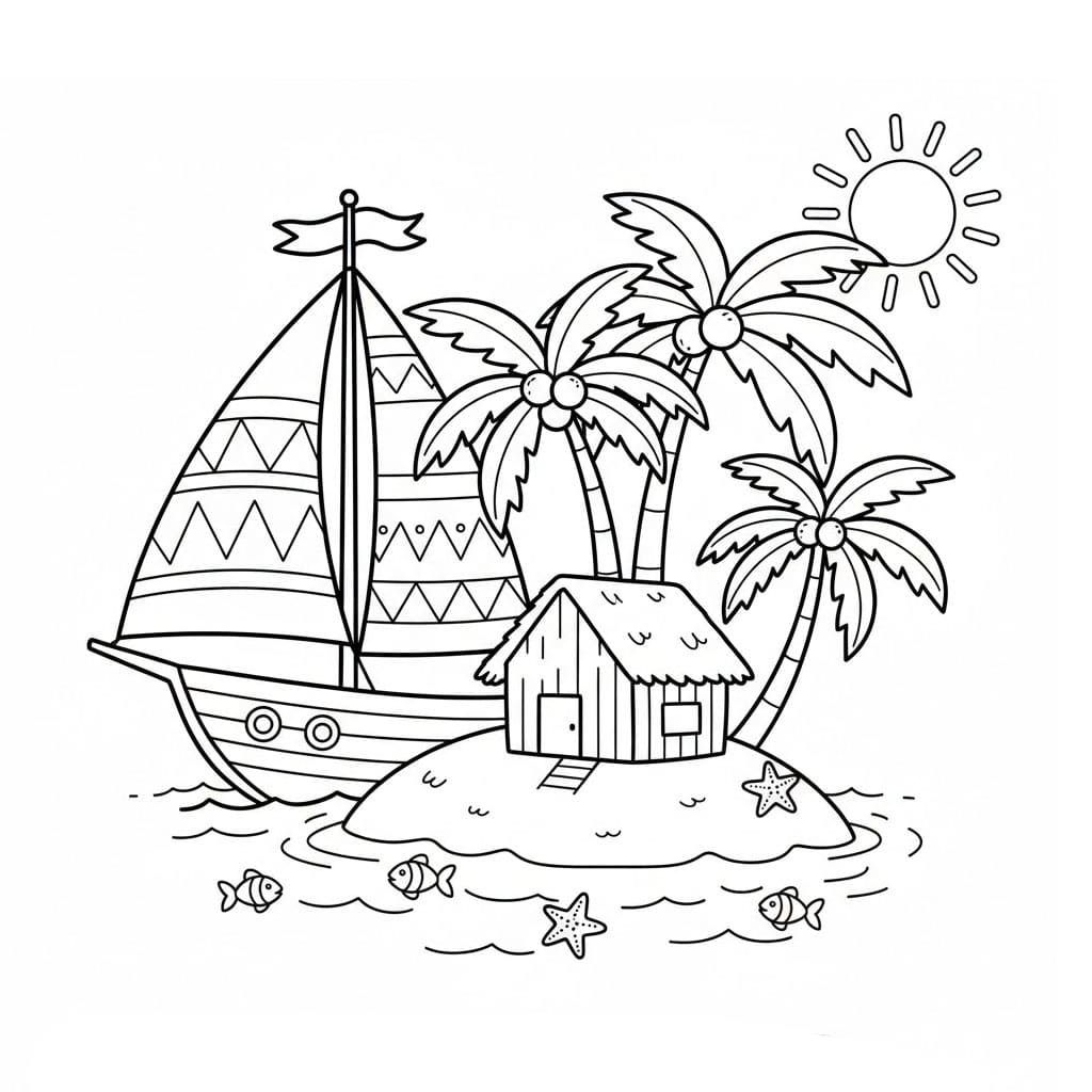 Barca a vela vicino a una piccola isola da colorare