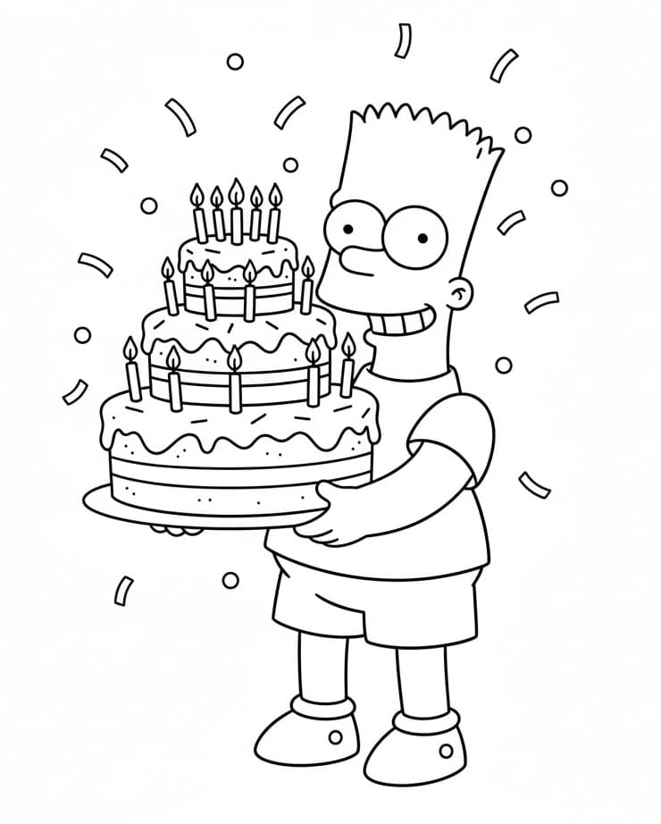 Bart Simpson con la torta di compleanno da colorare