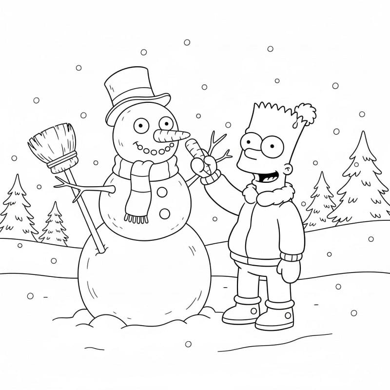 Bart Simpson e un pupazzo di neve da colorare