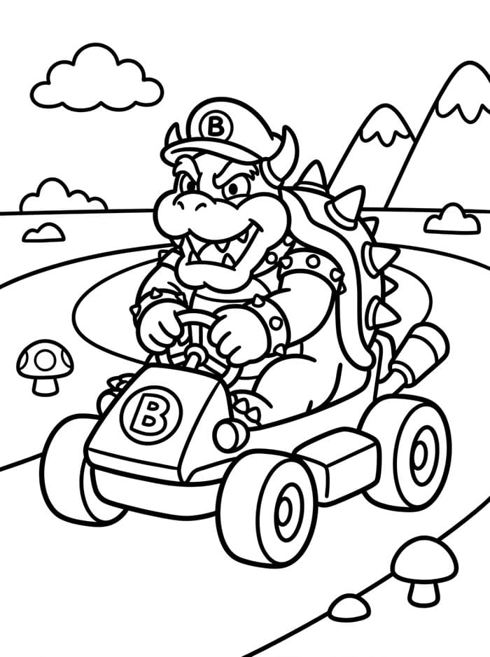 Bowser che guida un kart da colorare