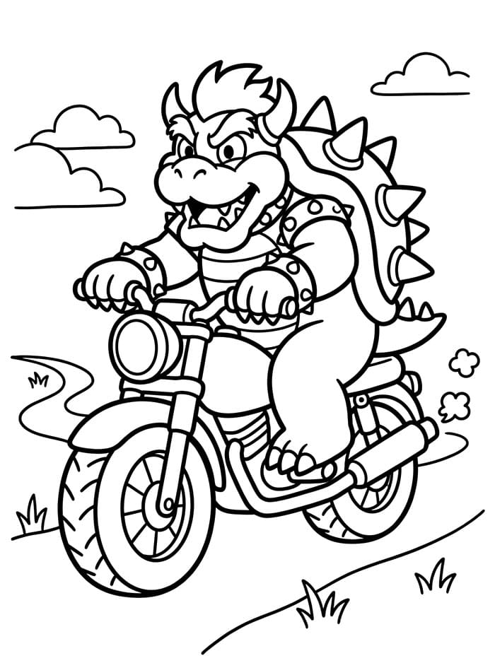 Bowser che guida una motocicletta da colorare