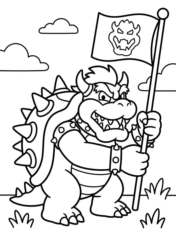 Bowser che tiene la bandiera da colorare
