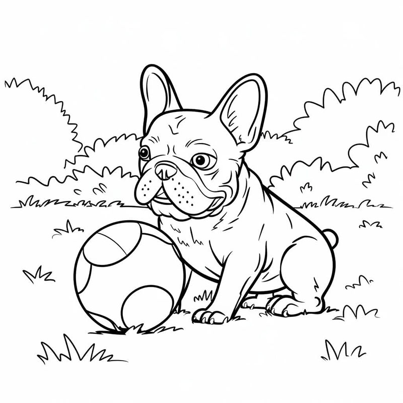 Bulldog francese con una palla da colorare