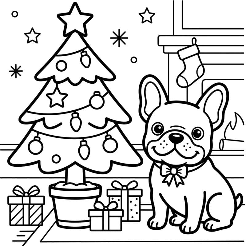 Bulldog francese e albero di Natale da colorare