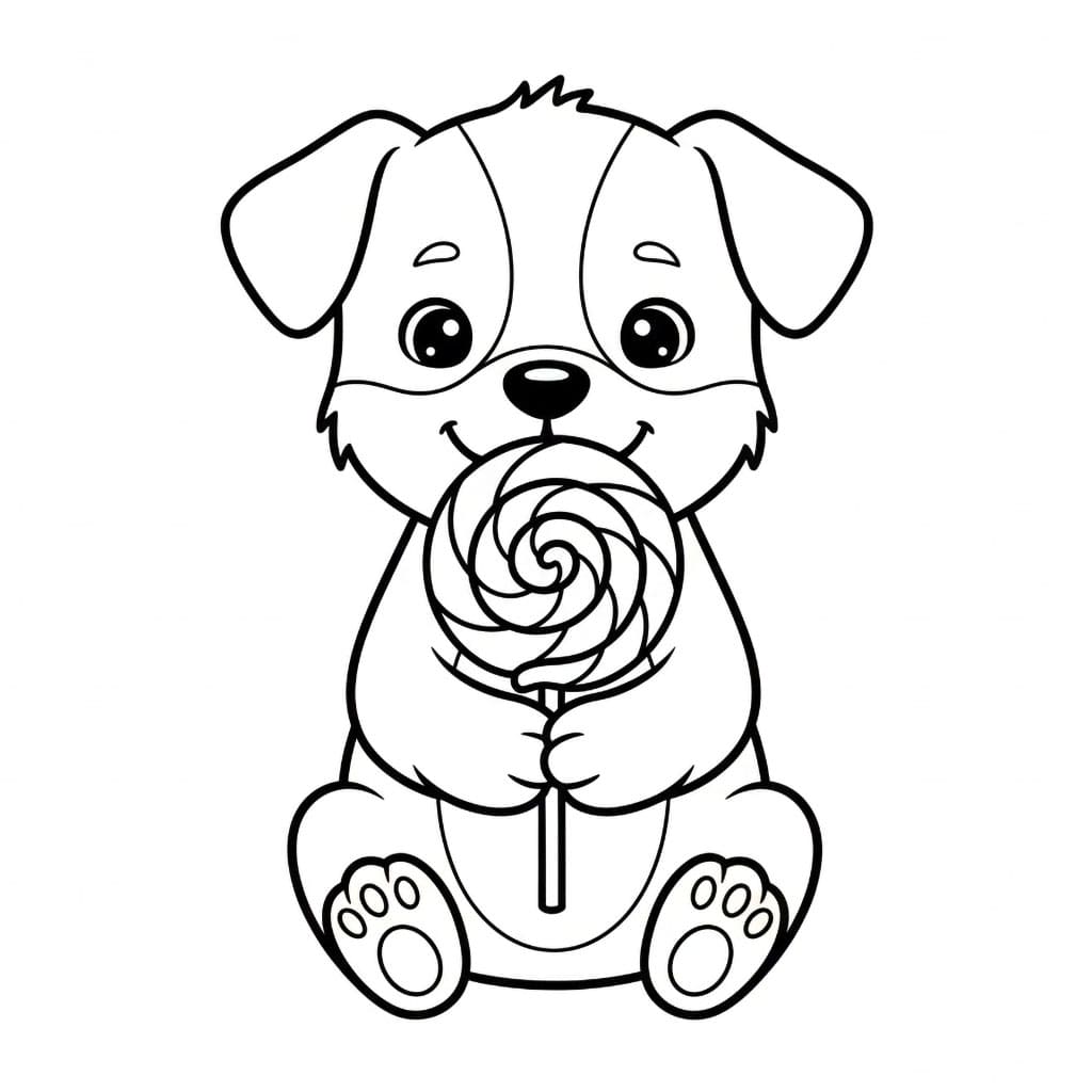 Cagnolino che tiene un lecca-lecca da colorare
