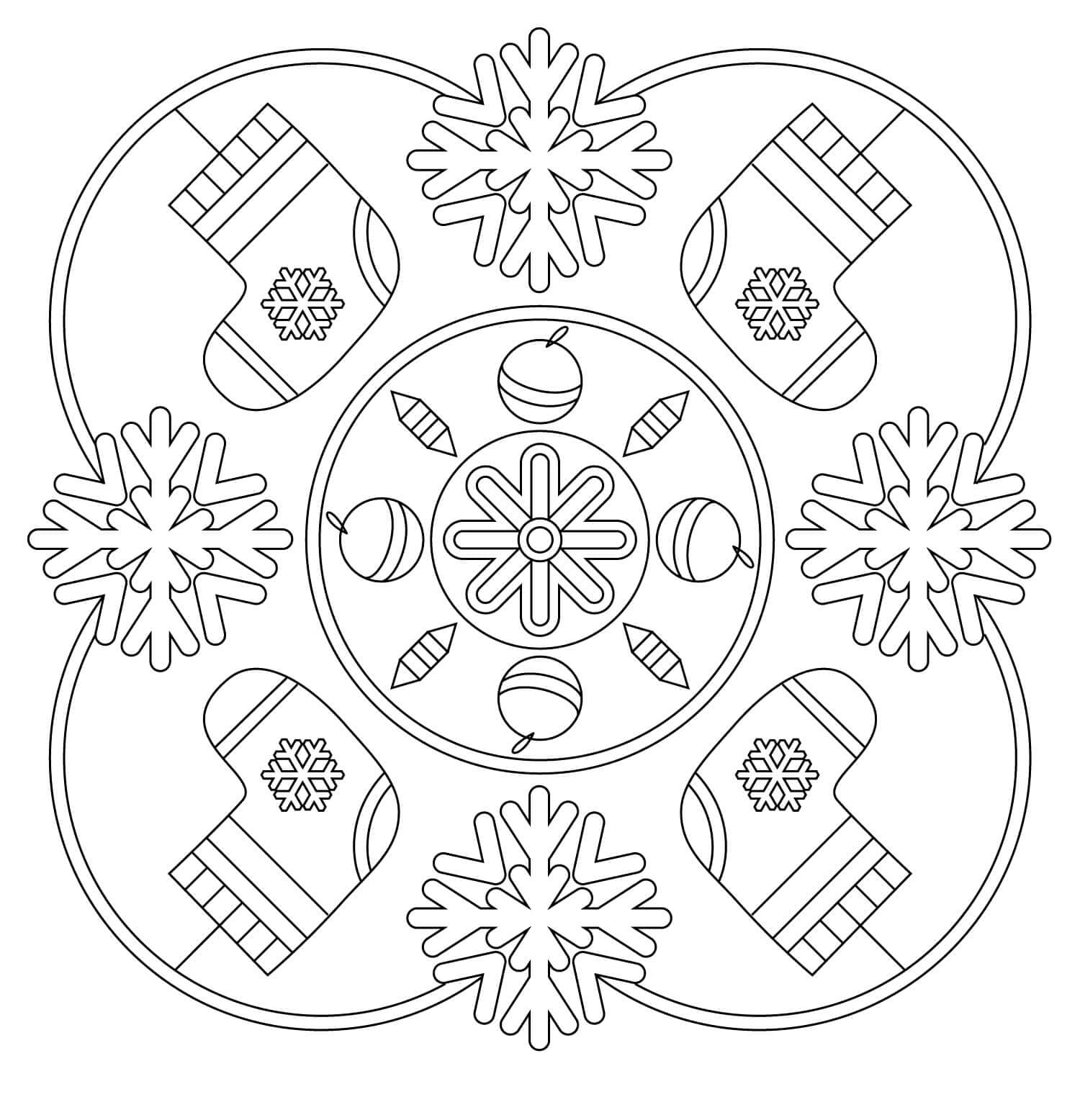 Calzini con fiocchi di neve nel Mandala di Natale da colorare