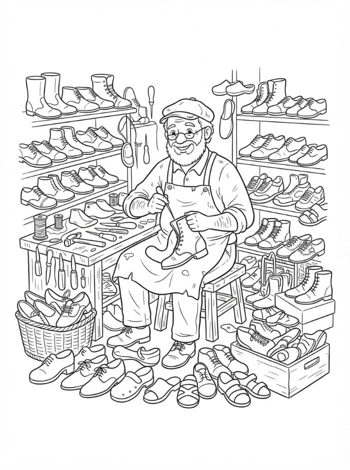 Calzolaio circondato da scarpe da colorare
