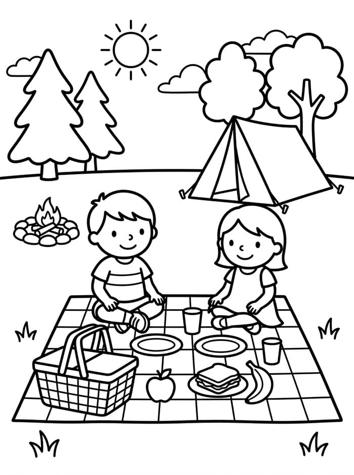 Campeggio con Picnic da colorare