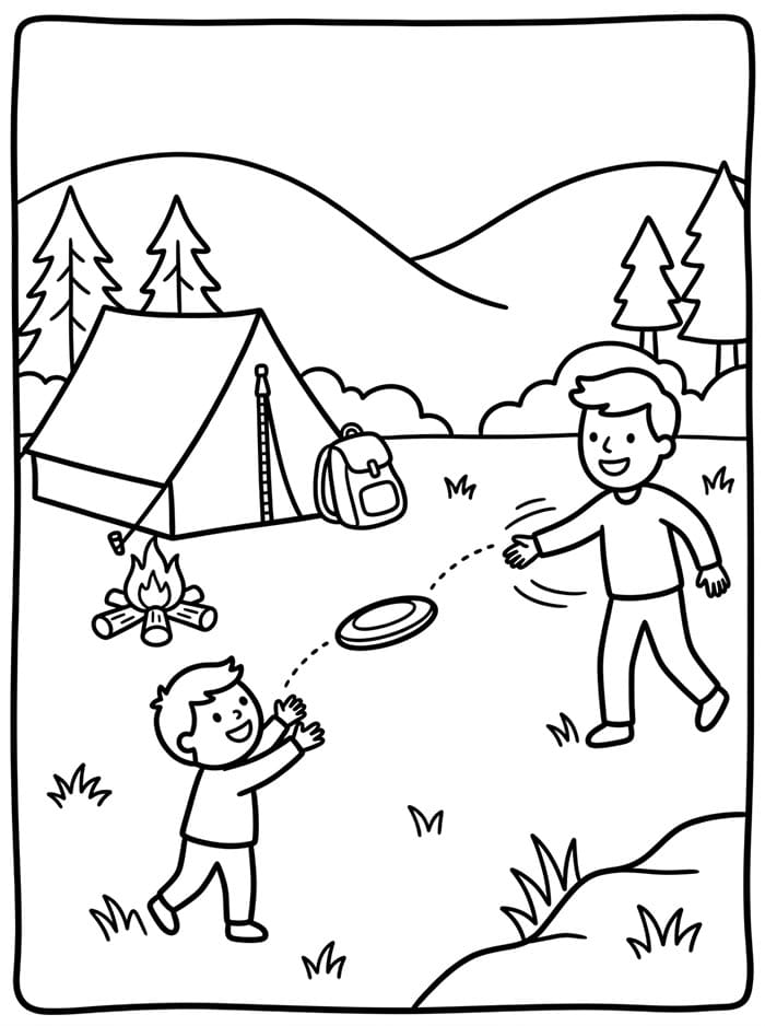 Campeggio con frisbee da colorare