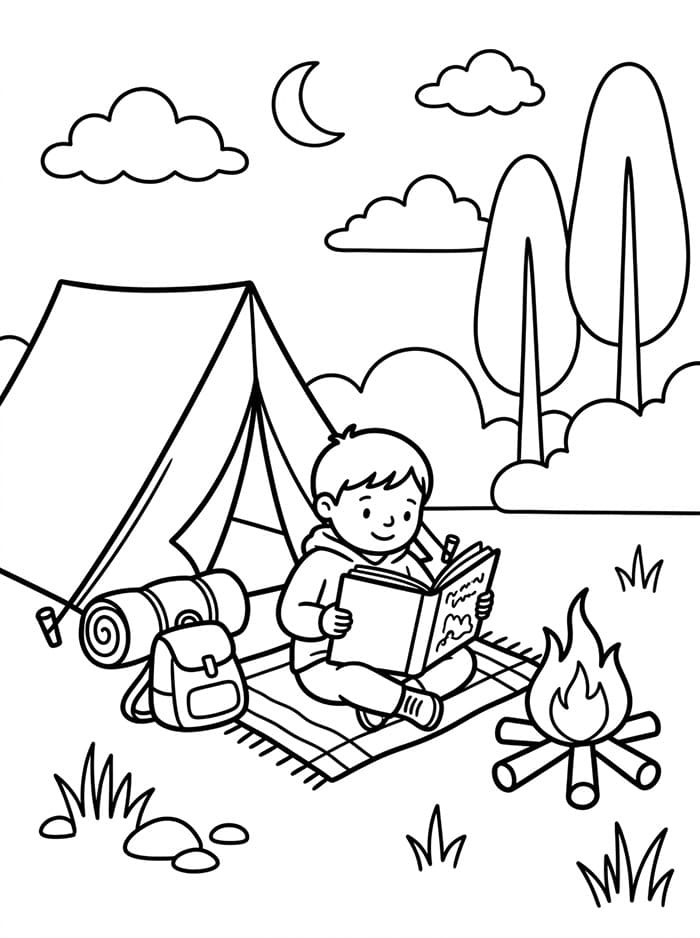Campeggio con libro da leggere da colorare