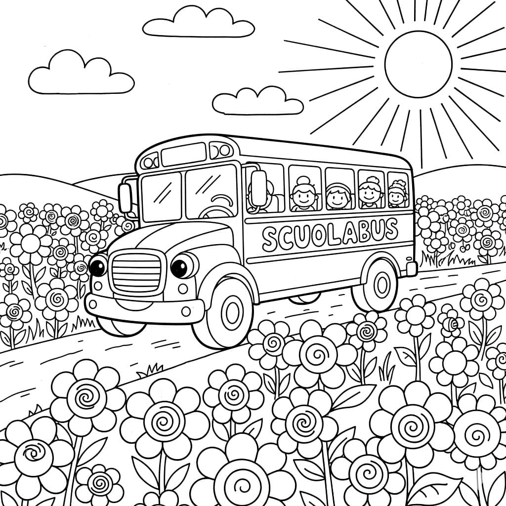 Campo di fiori della scuolabus da colorare