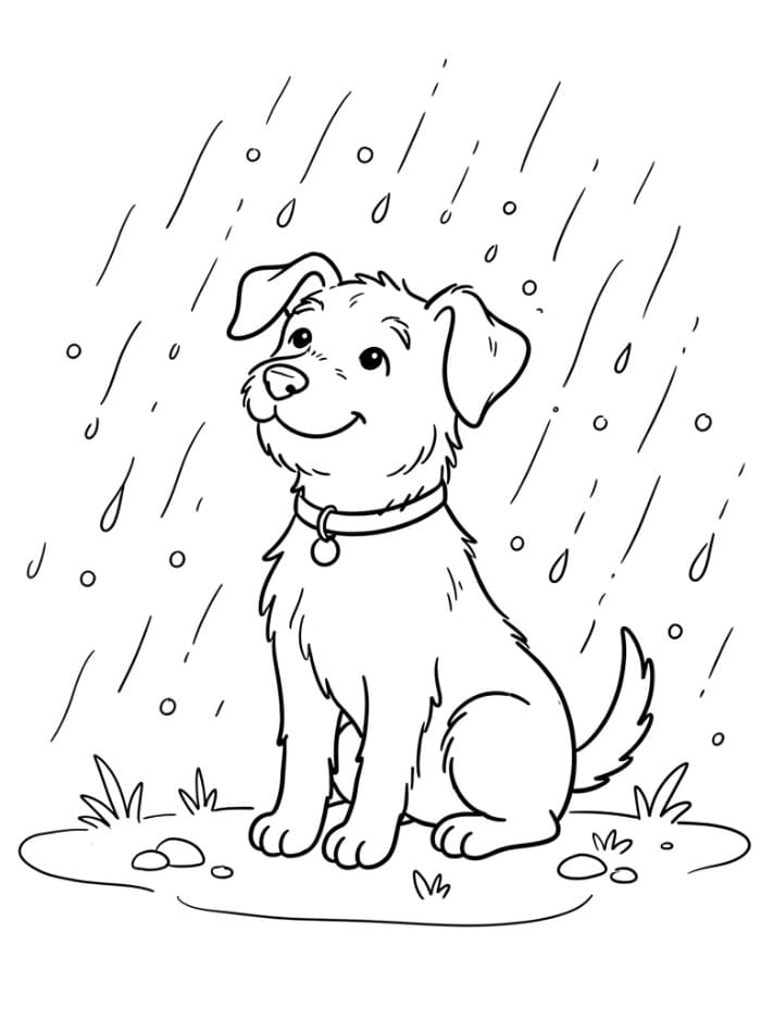 Cane sotto la pioggia da colorare