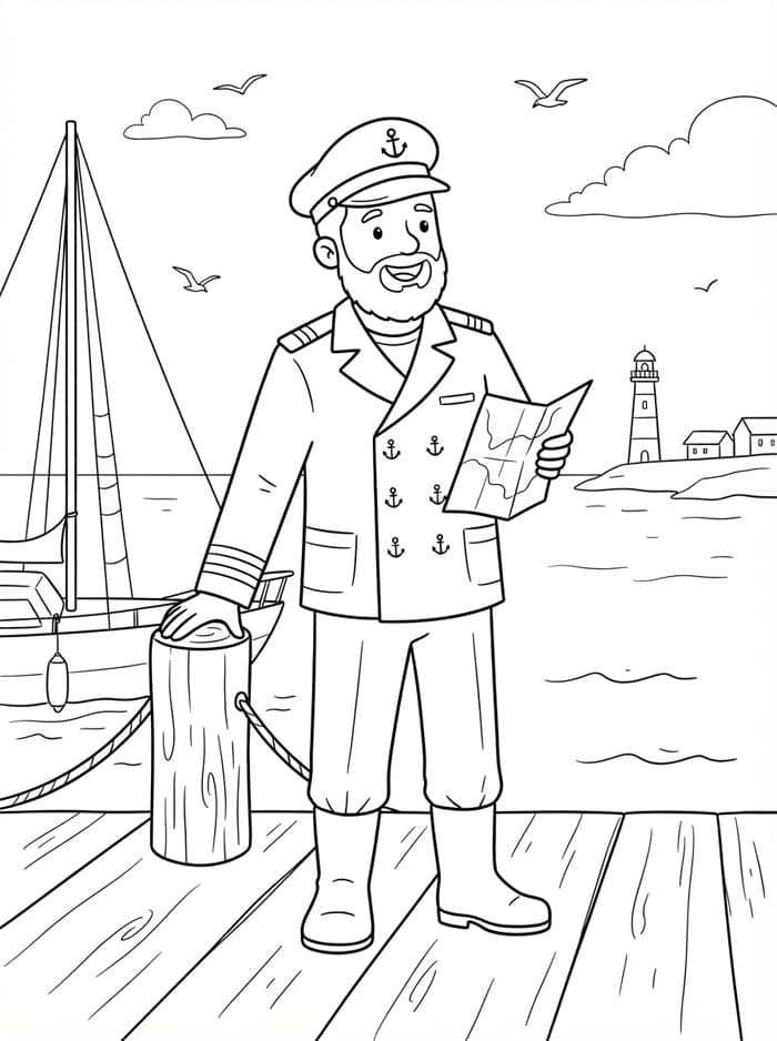 Capitano in piedi al porto da colorare
