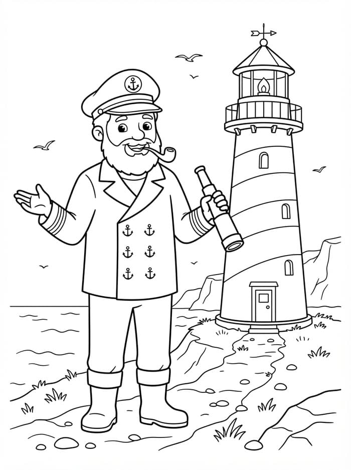Capitano vicino al faro da colorare