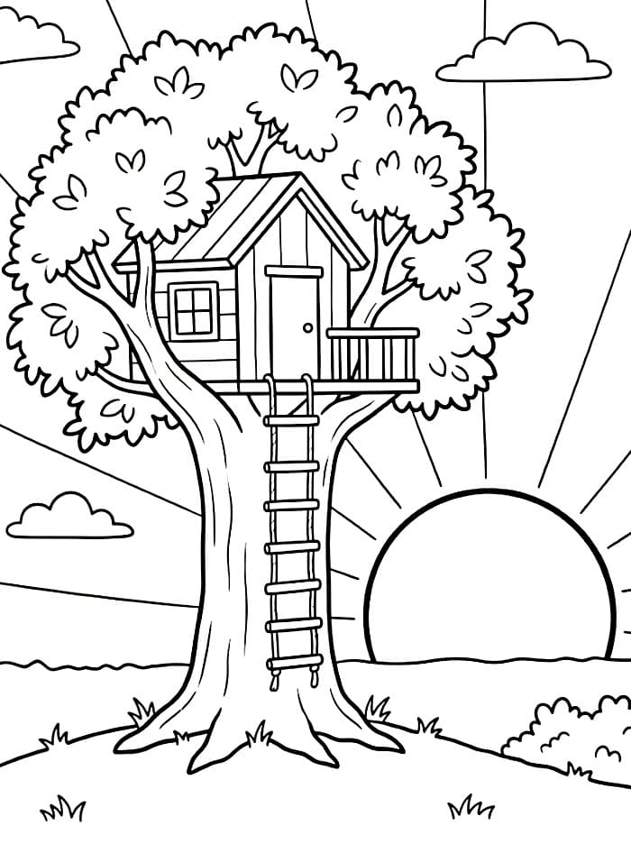 Casa sull'albero al tramonto da colorare