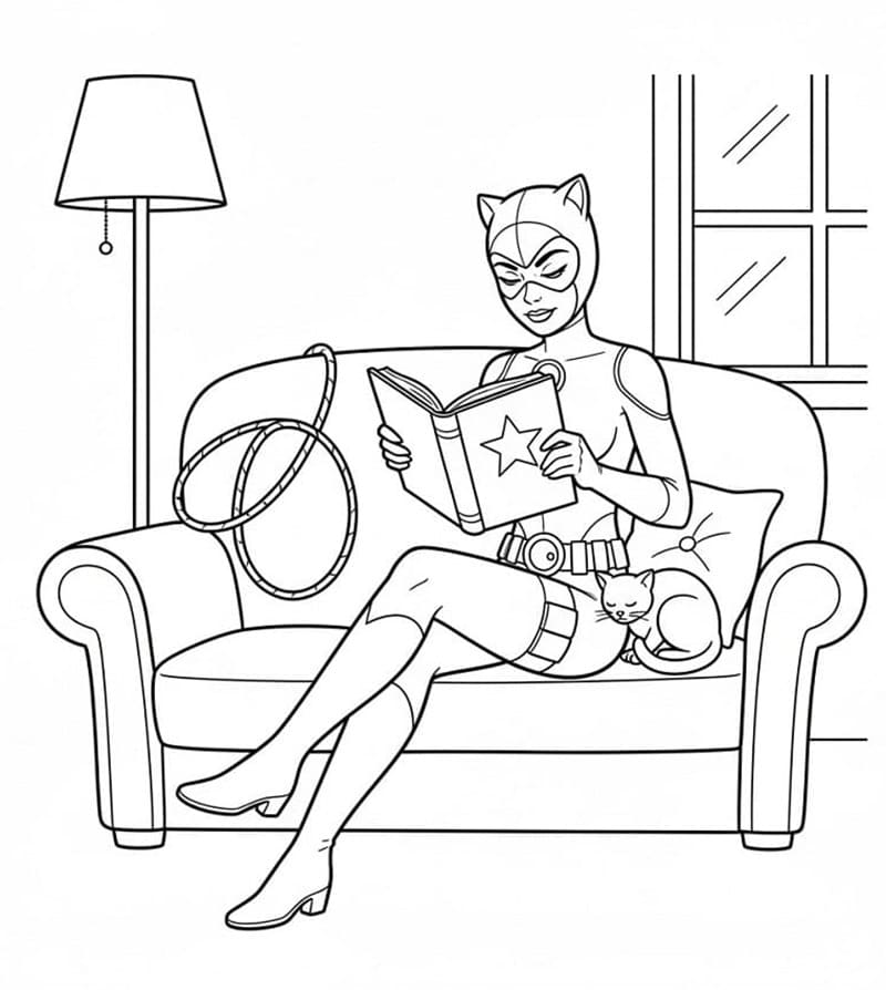 Catwoman che legge un libro da colorare