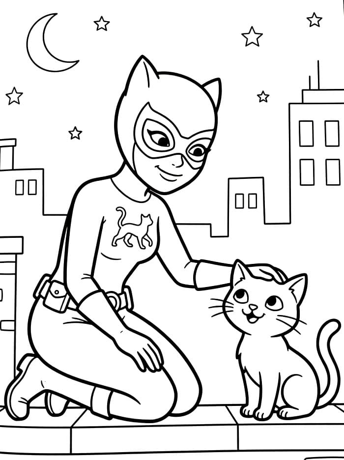 Catwoman con un gatto nero amichevole da colorare