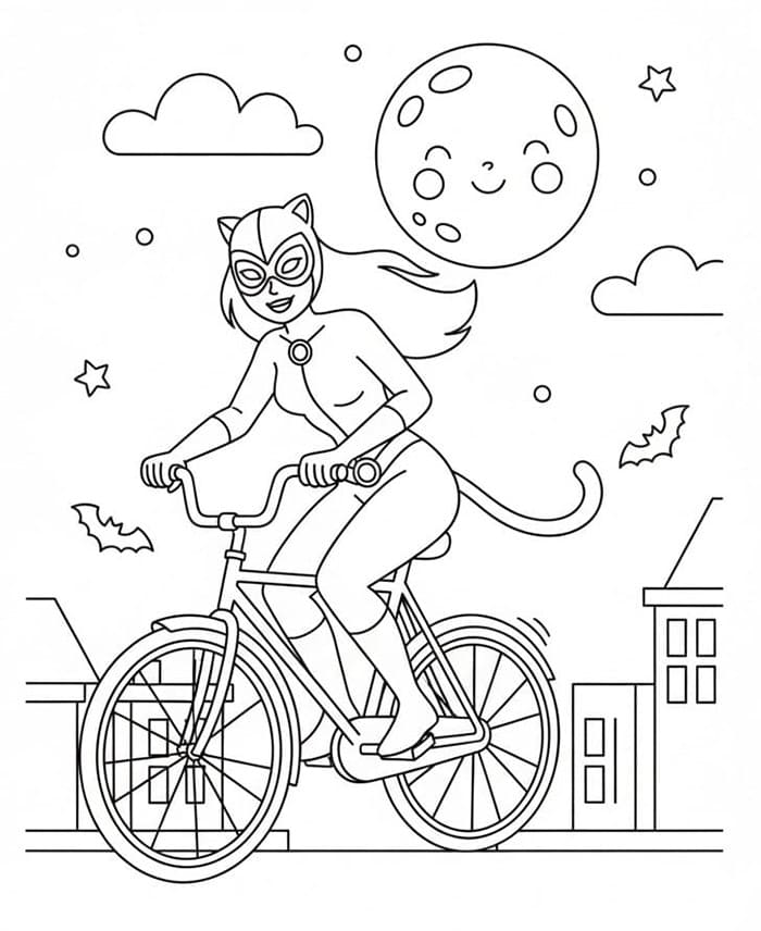 Catwoman in bicicletta da colorare