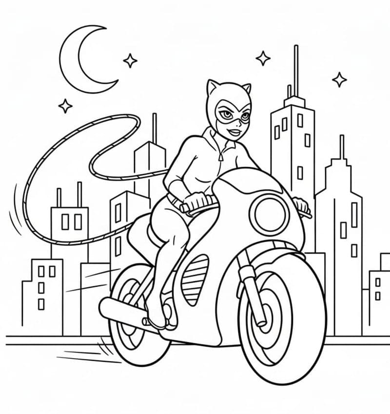 Catwoman in moto da colorare