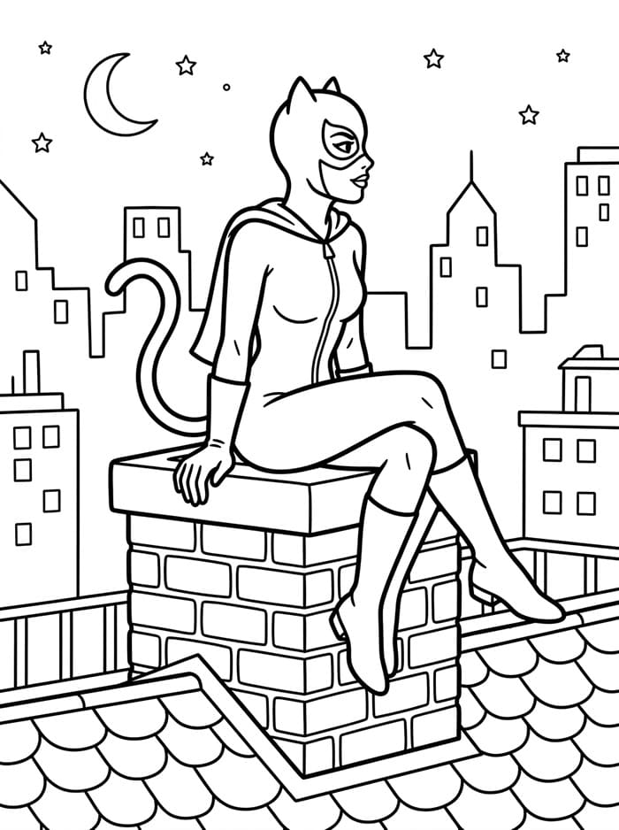 Catwoman seduta su un camino da colorare