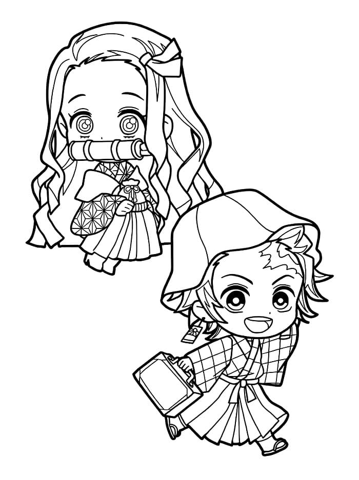 Chibi Nezuko e Tanjiro da colorare