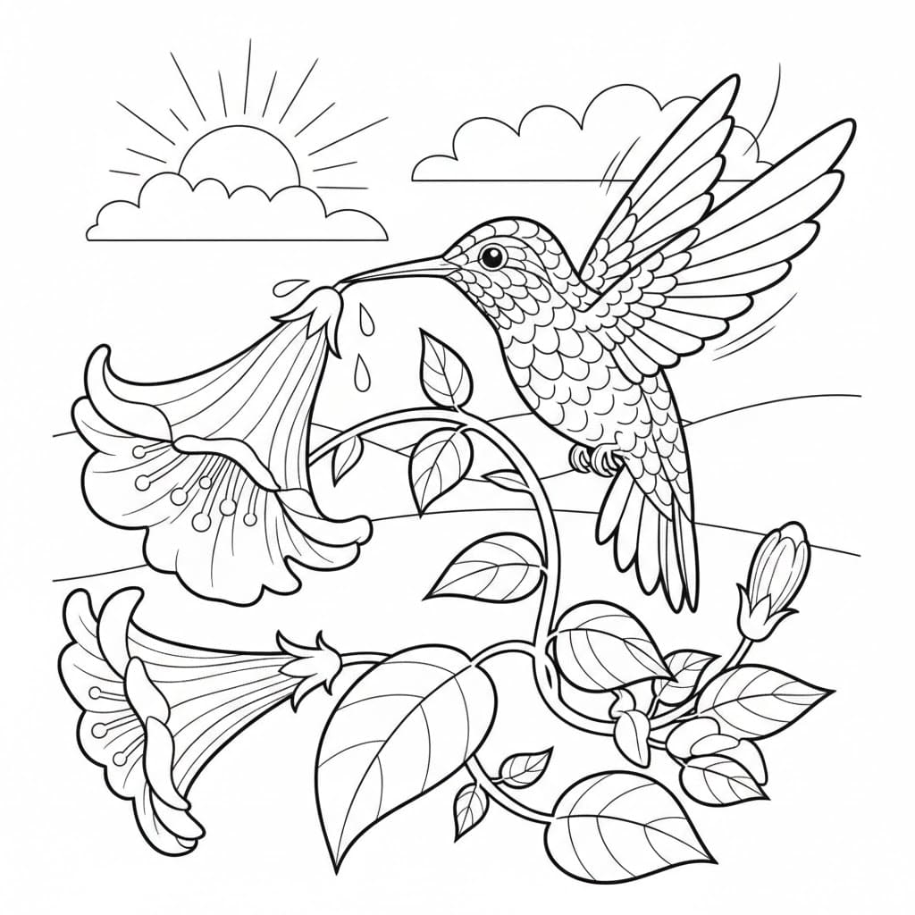 Colibrì e bel fiore da colorare Colibrì e bel fiore da colorare