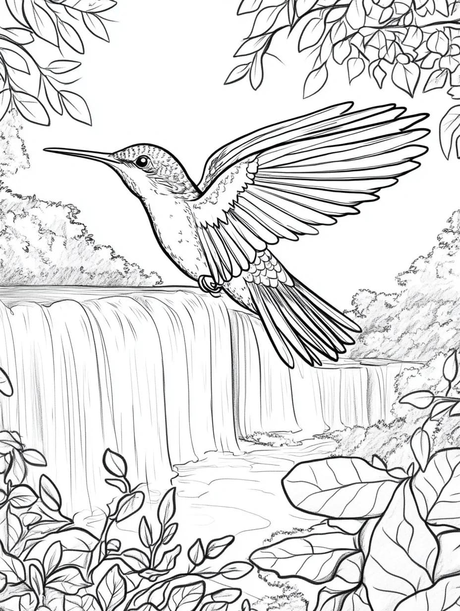 Colibrì e cascata da colorare Colibrì e cascata da colorare