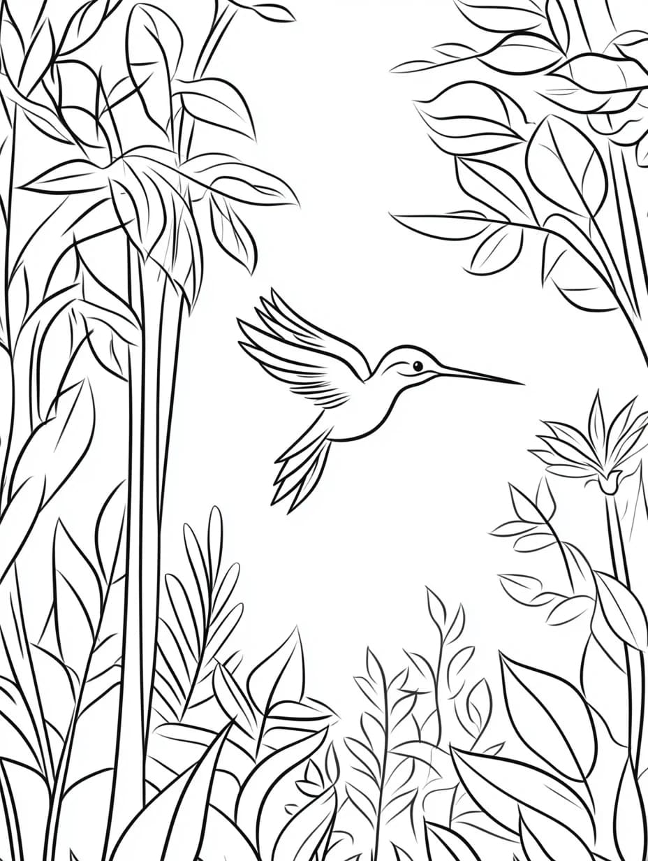 Colibrì nella foresta da colorare Colibrì nella foresta da colorare