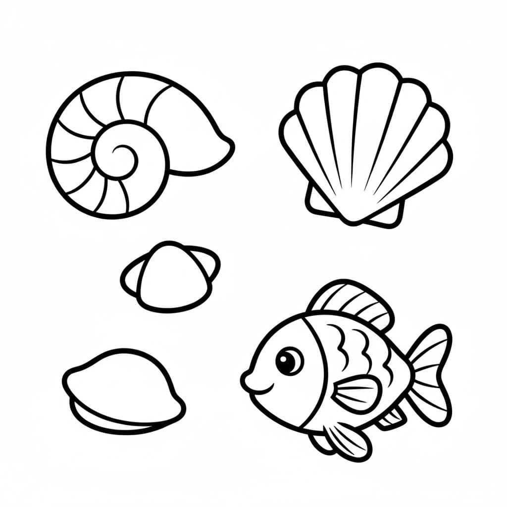 Conchiglia e un piccolo pesce da colorare