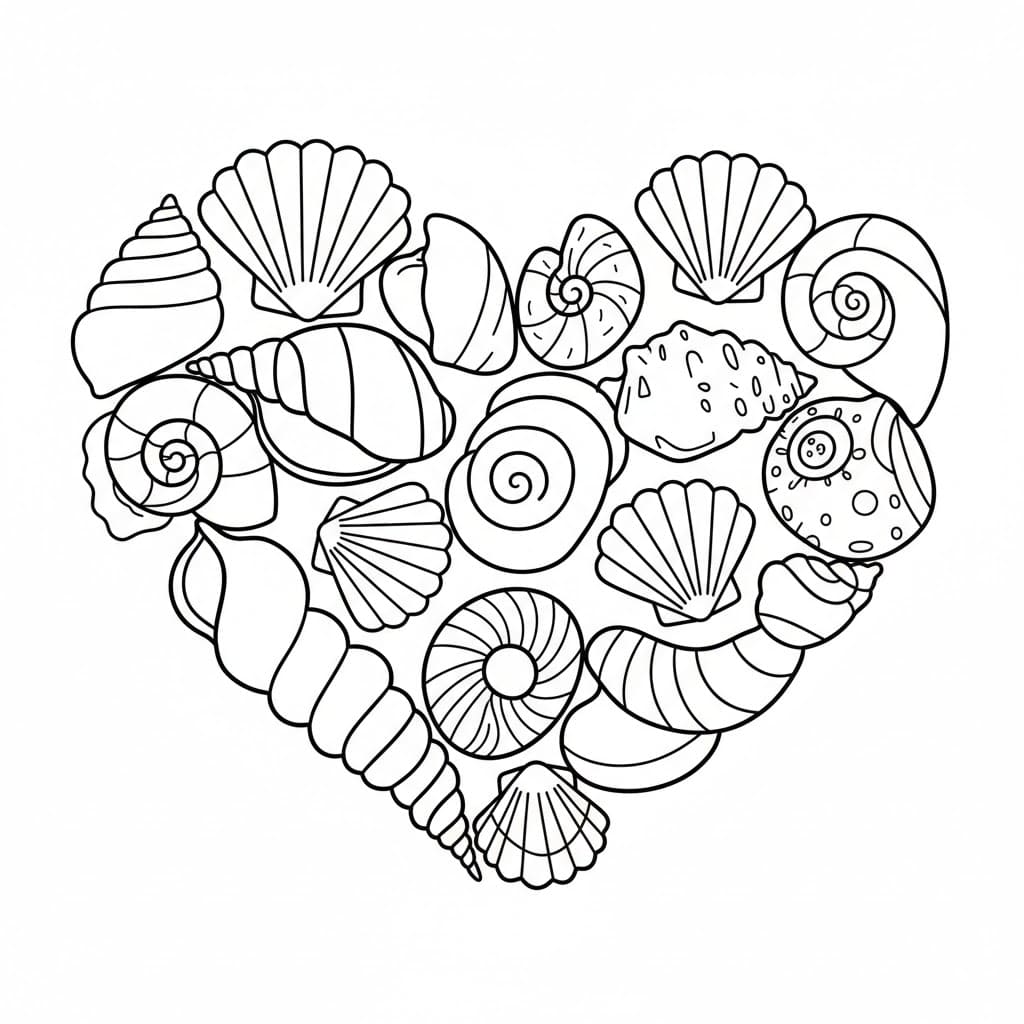Conchiglie disposte a forma di cuore da colorare