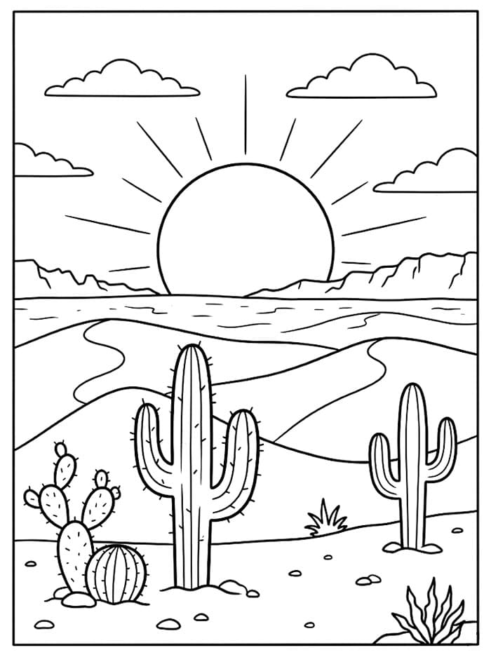 Deserto con cactus al tramonto da colorare