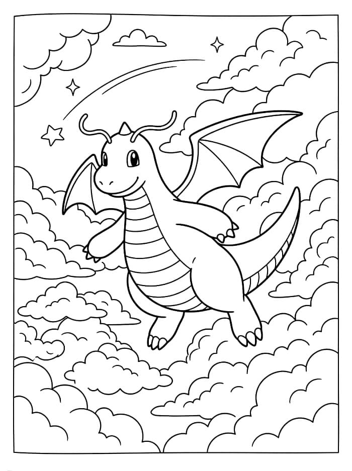 Dragonite che vola nel cielo da colorare
