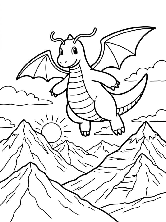 Dragonite che vola sopra le montagne da colorare