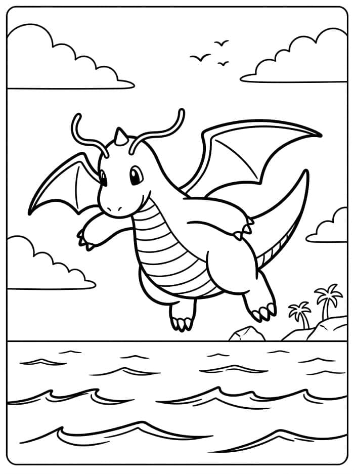 Dragonite che vola sopra l'oceano da colorare