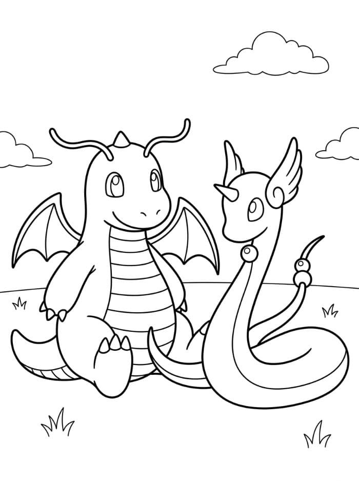 Dragonite con Dragonair da colorare