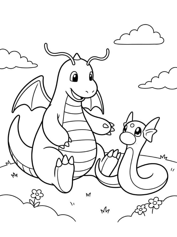 Dragonite con Dratini da colorare