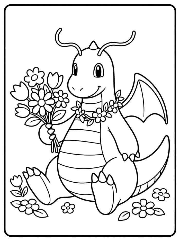 Dragonite con fiori da colorare