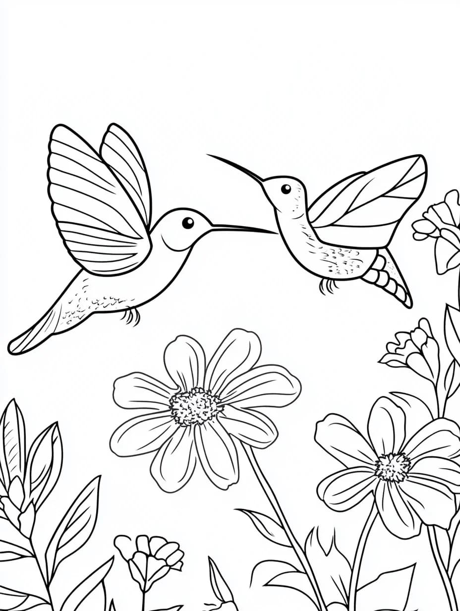 Due colibrì e un fiore da colorare Due colibrì e un fiore da colorare