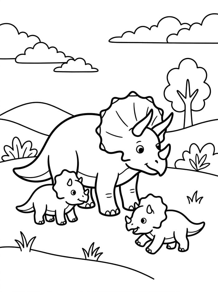 Famiglia di Triceratopi da colorare